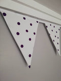 Purple spotty fabric bunting. Approx 2.5 metres