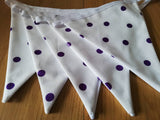 Purple spotty fabric bunting. Approx 2.5 metres