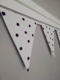 Purple spotty fabric bunting. Approx 2.5 metres