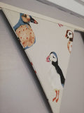 Puffin fabric bunting, gorgeous coloured puffins on grey background, 10 flags, approx 2.5 metres