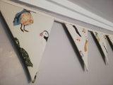 Puffin fabric bunting, gorgeous coloured puffins on grey background, 10 flags, approx 2.5 metres