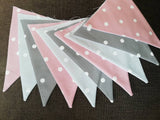 Grey and pink fabric bunting, with white spots - 2, 3 or 4 metres