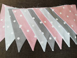 Grey and pink fabric bunting, with white spots - 2, 3 or 4 metres