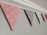 Grey and pink fabric bunting, with white spots - 2, 3 or 4 metres