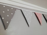 Grey and pink fabric bunting, with white spots - 2, 3 or 4 metres