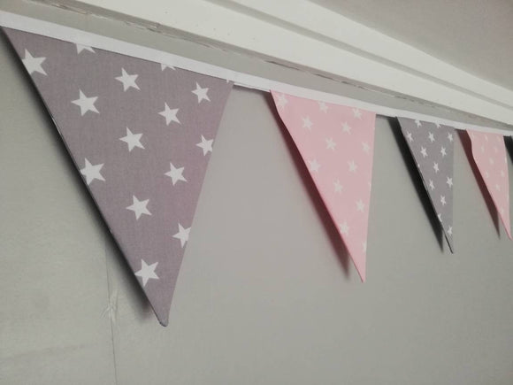 Grey and pink stars fabric bunting