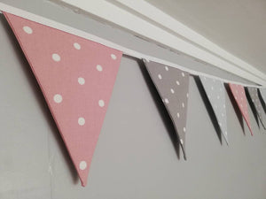 Grey and pink fabric bunting, with white spots - 2, 3 or 4 metres