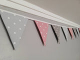 Grey and pink fabric bunting, with white spots - 2, 3 or 4 metres
