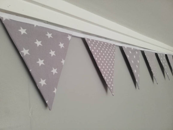 Grey and white stars and spots fabric bunting