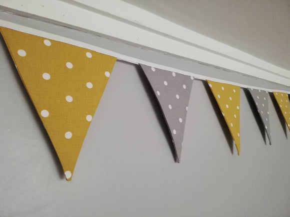 Grey and mustard fabric bunting, with white spots - 2, 3 or 4 metres