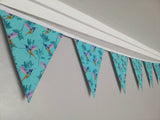 Hummingbird fabric bunting, turquoise background with pretty pink, blue and green design. 10 flags, approx 2.5 metres