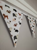 Dogs Print Fabric Bunting assorted dog breeds on white background fabric. Approx 2.5 metre length