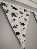 Dogs Print Fabric Bunting assorted dog breeds on white background fabric. Approx 2.5 metre length
