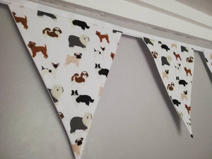 Dogs Print Fabric Bunting assorted dog breeds on white background fabric. Approx 2.5 metre length