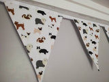 Dogs Print Fabric Bunting assorted dog breeds on white background fabric. Approx 2.5 metre length