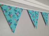Hummingbird fabric bunting, turquoise background with pretty pink, blue and green design. 10 flags, approx 2.5 metres