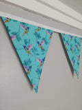 Hummingbird fabric bunting, turquoise background with pretty pink, blue and green design. 10 flags, approx 2.5 metres