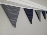 Silver star fabric bunting, navy and grey background, approx 2.5 metres
