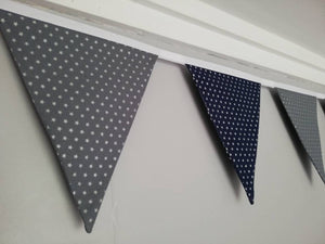 Silver star fabric bunting, navy and grey background, approx 2.5 metres