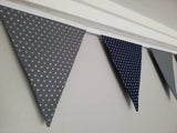 Silver star fabric bunting, navy and grey background, approx 2.5 metres