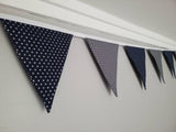 Silver star fabric bunting, navy and grey background, approx 2.5 metres