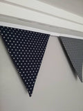Silver star fabric bunting, navy and grey background, approx 2.5 metres