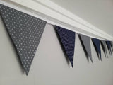Silver star fabric bunting, navy and grey background, approx 2.5 metres