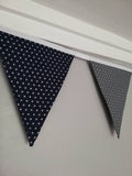 Silver star fabric bunting, navy and grey background, approx 2.5 metres