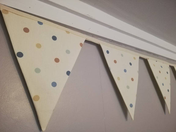 Blues and browns spot fabric bunting, approx 2.5 metres