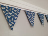 Chicken fabric bunting. Blue cotton with black and white chicken design, 10 flags, approx 2.5 metres.