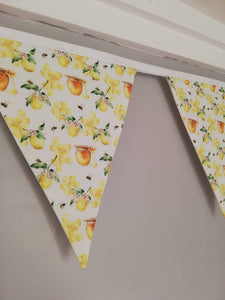 Honeypot, fruit, flowers and Bees fabric bunting, 10 flags, approx 2.5 metres