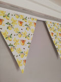 Honeypot, fruit, flowers and Bees fabric bunting, 10 flags, approx 2.5 metres