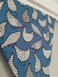 Chicken fabric bunting. Blue cotton with black and white chicken design, 10 flags, approx 2.5 metres.