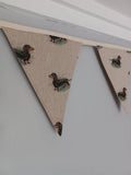 Sausage dogs fabric bunting, on natural background, 10 flags, approx 2.5 metres
