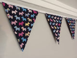 Scottie Dog Fabric Bunting - patterned pastel dogs on navy background fabric. Approx 2.5 metre length