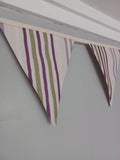 Stripy fabric bunting, purple, green and cream