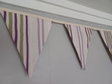 Stripy fabric bunting, purple, green and cream