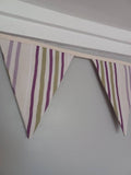Stripy fabric bunting, purple, green and cream