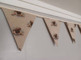 Pug dogs fabric bunting, on natural background, 10 flags, approx 2.5 metres