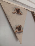 Pug dogs fabric bunting, on natural background, 10 flags, approx 2.5 metres
