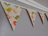 Bird fabric bunting, in a mix of Grey's, yellows and blues. 10 flags, approx 2.5 metres