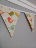 Bird fabric bunting, in a mix of Grey's, yellows and blues. 10 flags, approx 2.5 metres