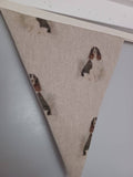 Spaniel dogs fabric bunting, on linen look background, 10 flags, approx 2.5 metres