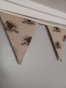 Pug dogs fabric bunting, on natural background, 10 flags, approx 2.5 metres