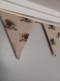 Pug dogs fabric bunting, on natural background, 10 flags, approx 2.5 metres