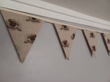 Pug dogs fabric bunting, on natural background, 10 flags, approx 2.5 metres