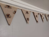 Pug dogs fabric bunting, on natural background, 10 flags, approx 2.5 metres